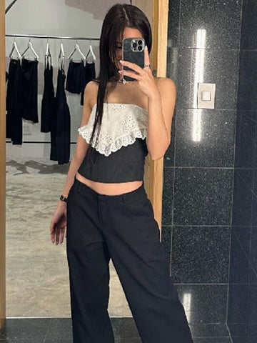 TARUXY Splice Lace Crop Tops Damen Bodycon Sexy Off the Shoulders Ärmelloses Tank Top Damen Club Slim Hollow Out Kleidung 2023 