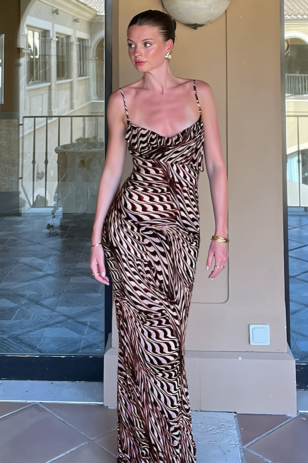 Sheer Mesh Cowl Neck Slip Strap Maxi Dress