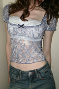 Lace Floral Mesh Fake Two Piece Blouse