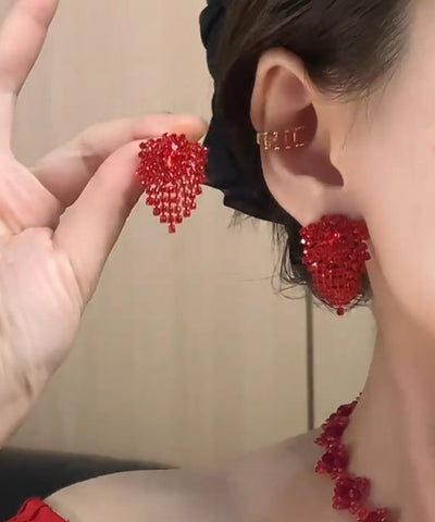 Stylish Red Alloy Zircon Tassel Stud Earrings