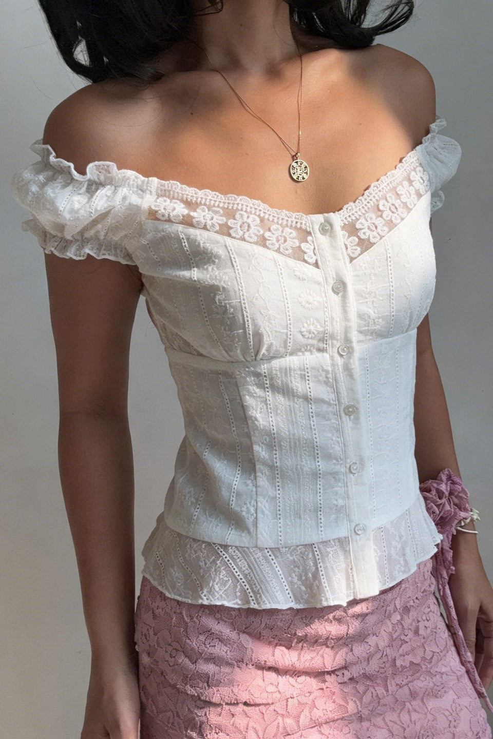 Lace Hollow Button Puff Sleeve Blouse