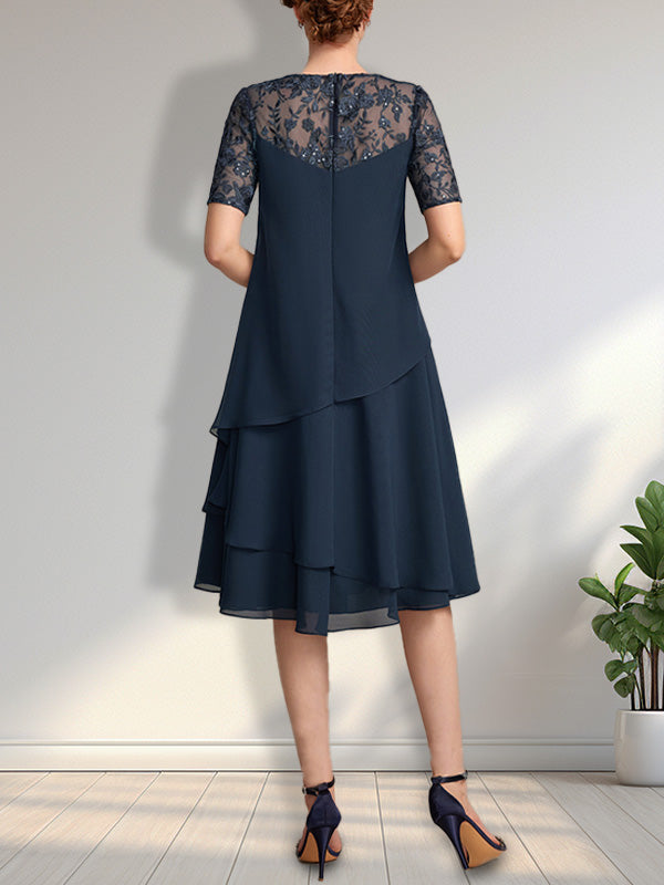 Vestido de gasa con encaje y lentejuelas para madre de la novia, corte A, escote ilusión, largo hasta la rodilla