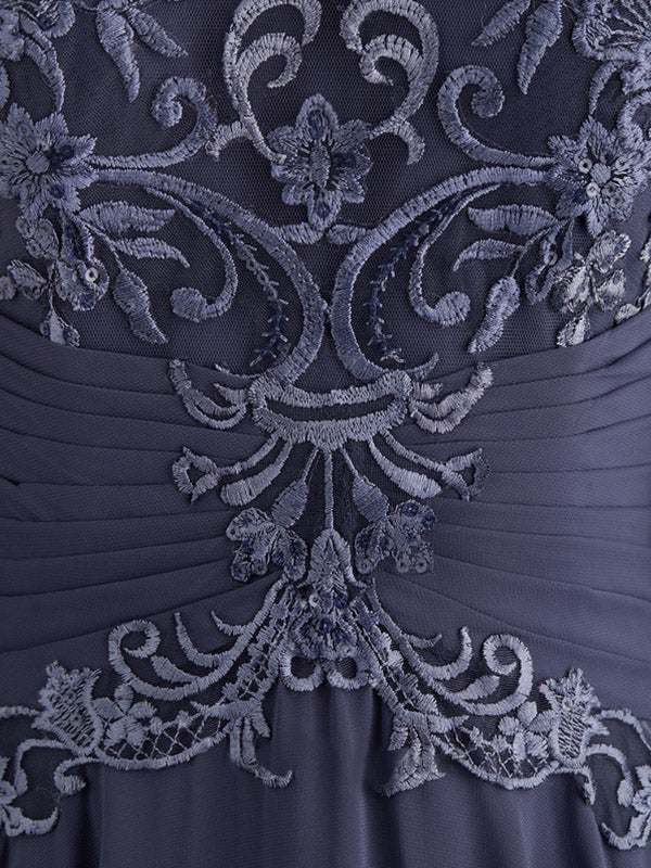 A-Linien-Kleid mit Illusion-Ausschnitt, bodenlang, aus Chiffon und Spitze, mit plissierten Pailletten und V-Ausschnitt für die Mutter der Braut