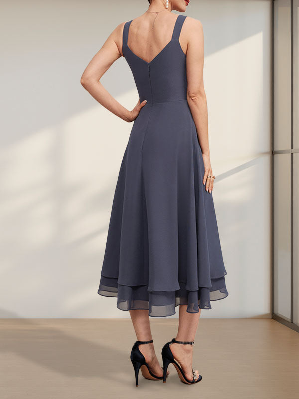 A-Linien-Chiffonkleid mit V-Ausschnitt und Teelänge für die Mutter der Braut