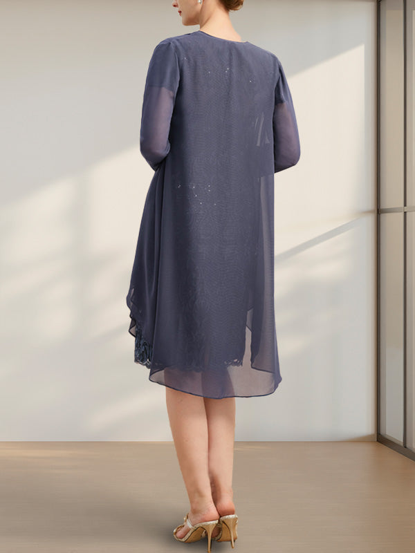 Etuikleid/Säulenkleid mit Illusion-Ausschnitt, knielang, aus Chiffon mit Spitze, Kaskadenrüschen und Pailletten für die Mutter der Braut