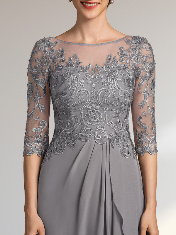 A-Linien-Kleid mit U-Boot-Ausschnitt, Illusion-Effekt, bodenlang, aus Chiffon und Spitze, mit Perlen, Pailletten und kaskadenartigen Rüschen – perfekt für die Mutter der Braut.