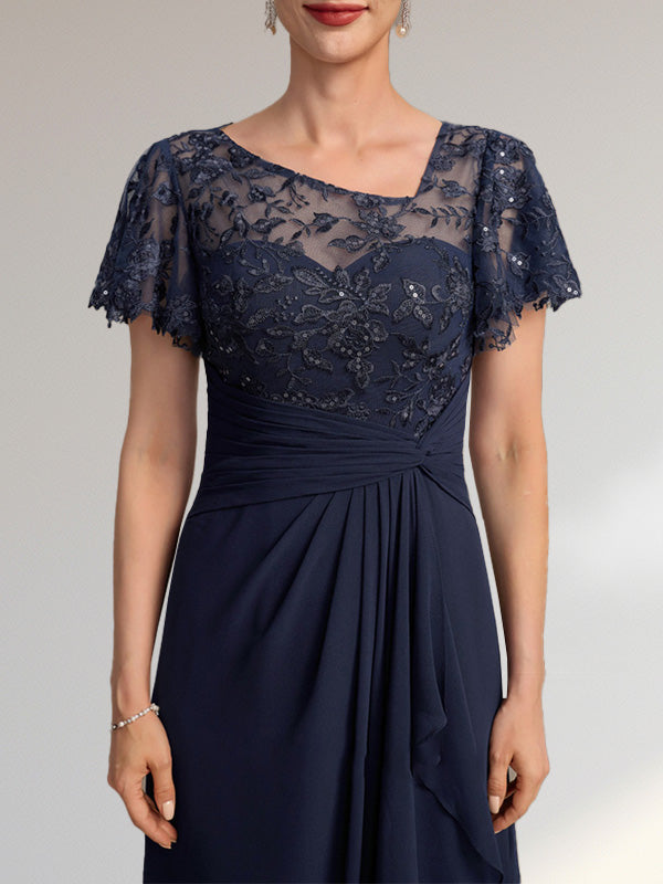 A-Linien-Kleid aus asymmetrischem Chiffon mit Illusion-Effekt, bodenlang, mit Kaskadenrüschen und Pailletten für die Mutter der Braut 