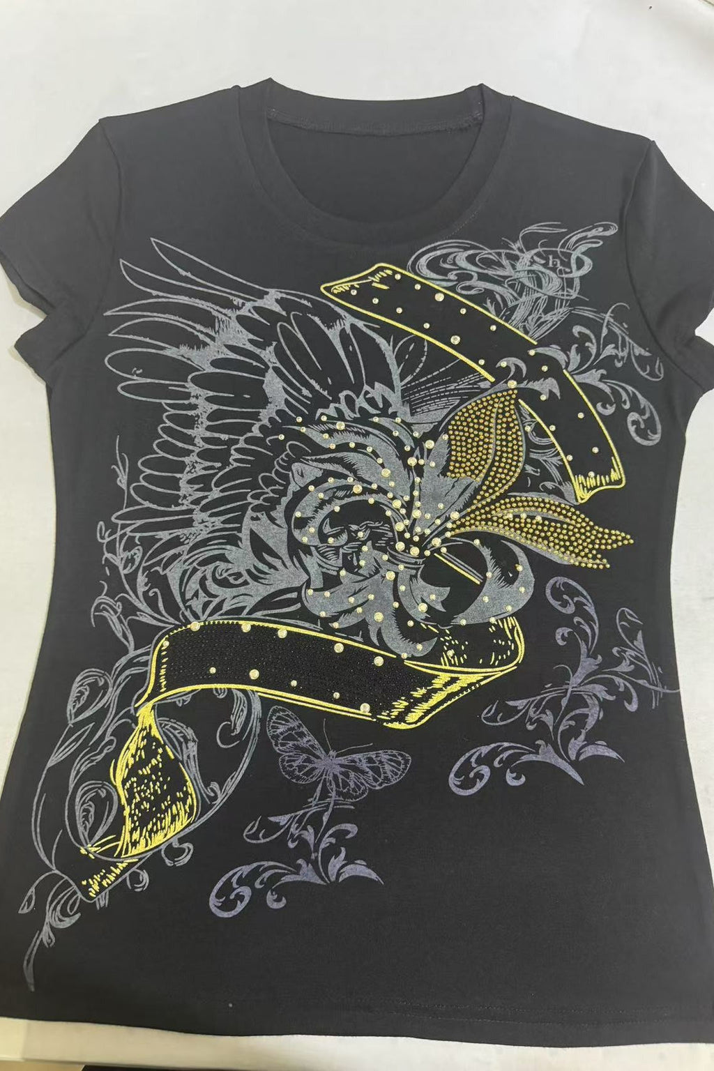 Vintage Print Rhinestone Slim Short Sleeve T-shirt