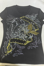 Vintage Print Rhinestone Slim Short Sleeve T-shirt