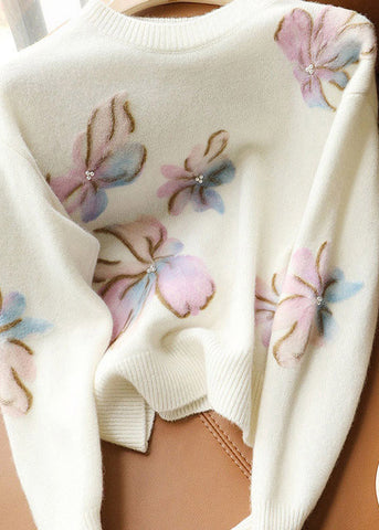 Suéteres italianos de cachemira con cuello redondo y patchwork de perlas blancas y manga larga 