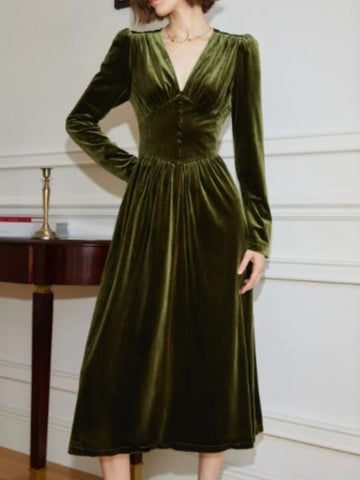 Vestido midi de terciopelo para mujer, vestido de fiesta vintage francés de manga larga con corte en A, vestido de otoño y primavera liso informal para graduación, vestidos para mujer, nuevo 