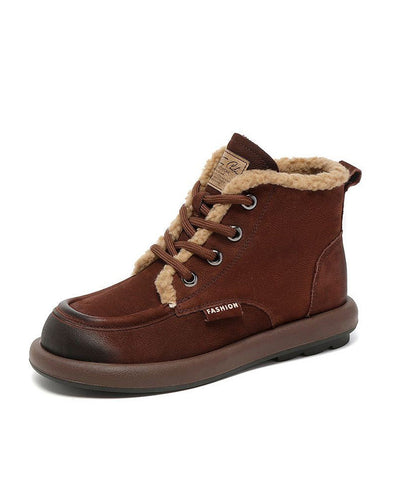 Botas marrones de piel de vaca con cordones y forro de lana afelpada 