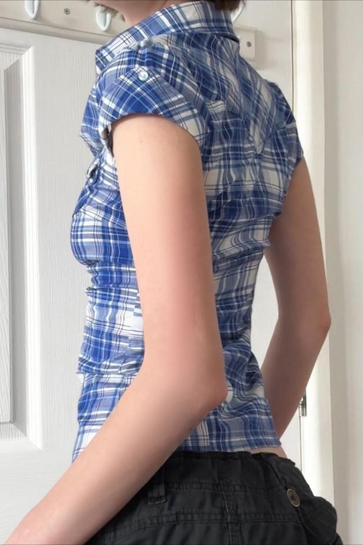 British Plaid Ruffled V Neck Puff Sleeve Blouse