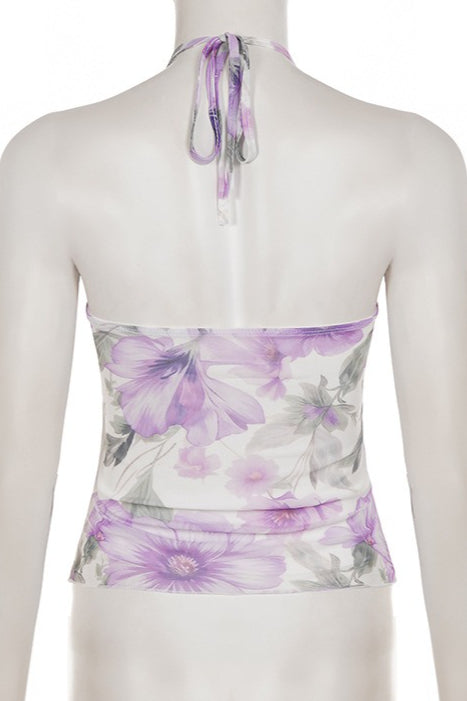 Floral Print Beaded Romantic Halter Top
