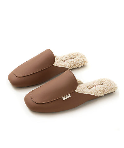 Zapatillas de piel sintética color rojo ladrillo para mujer, forradas en lana afelpada 