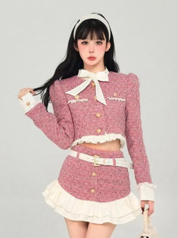 Y2K Tweed 2-teiliges Set für Frauen, Kurzjacke, Mantel + Minirock, Anzüge mit Gürtel, Herbst/Winter, hochwertige koreanische schicke Outfits 