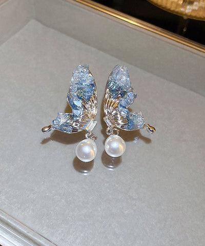 Pendientes de plata de ley azul con circonitas, perlas y cristales, con forma de mariposa y gotas de agua. 