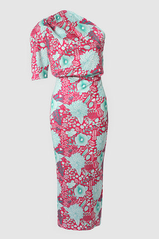 Elegantes Kleid mit floralem Patchwork-Print und schrägem Kragen 