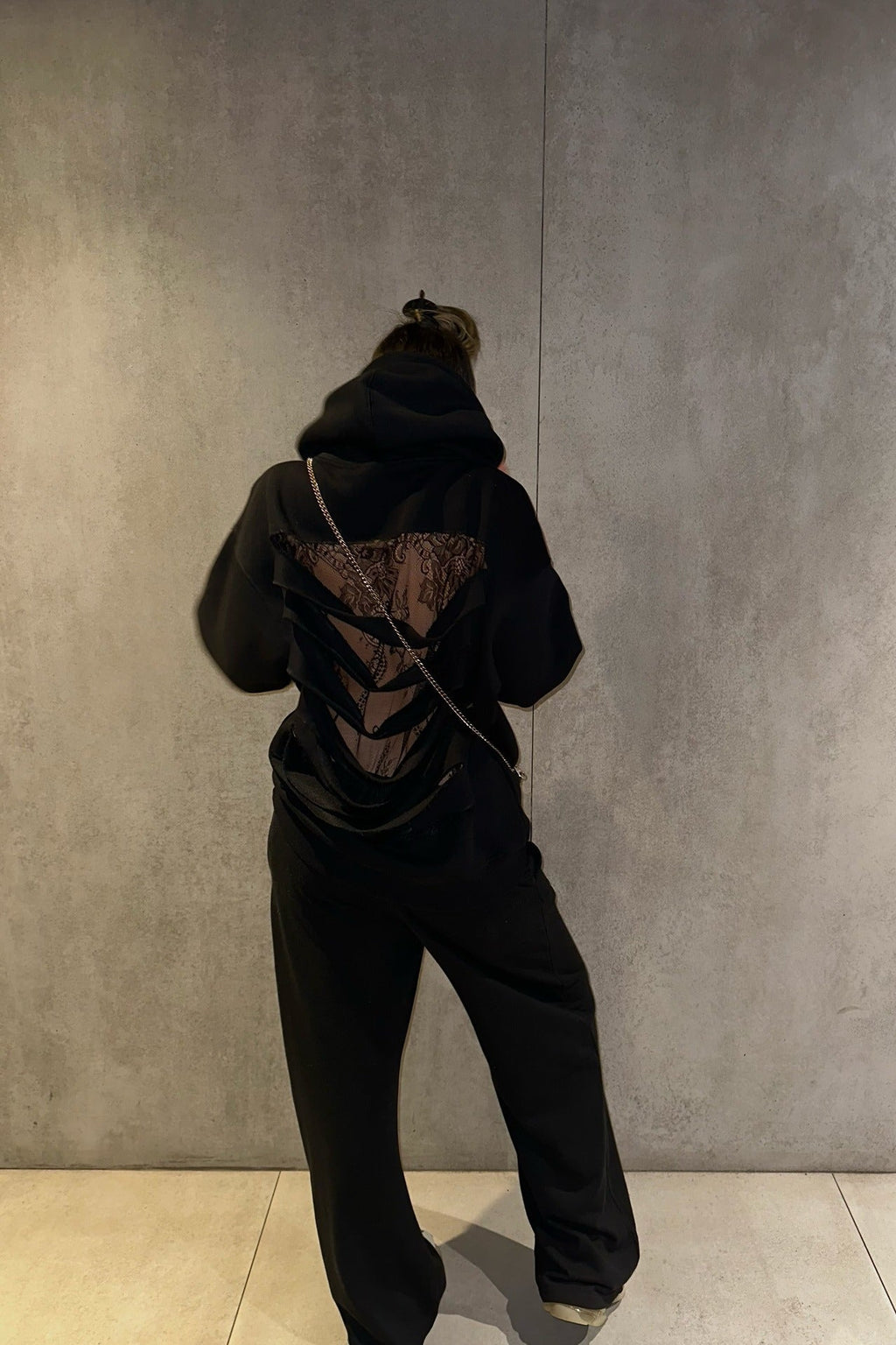 Lace Sheer Cutout Patchwork Hoodie