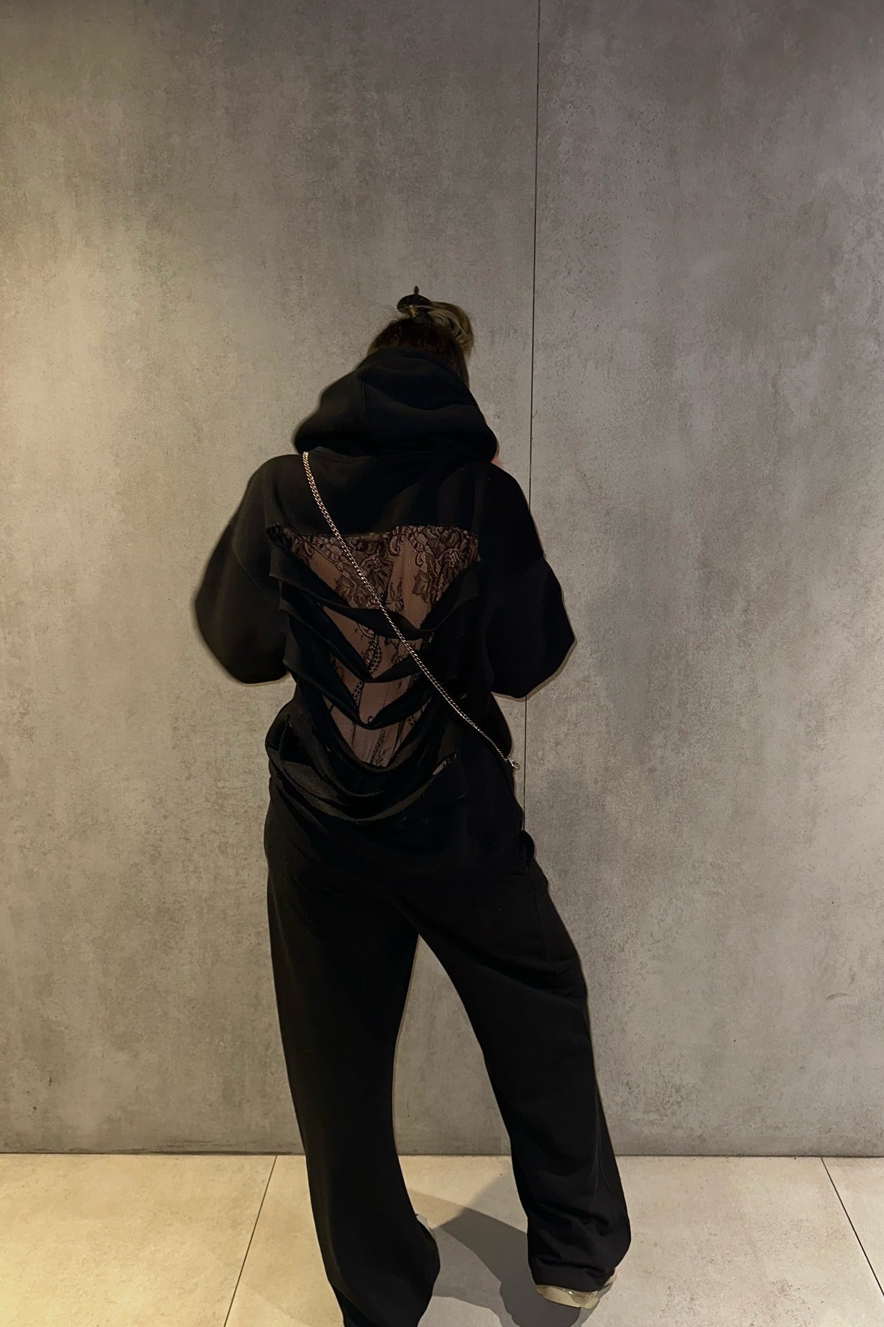 Lace Sheer Cutout Patchwork Hoodie