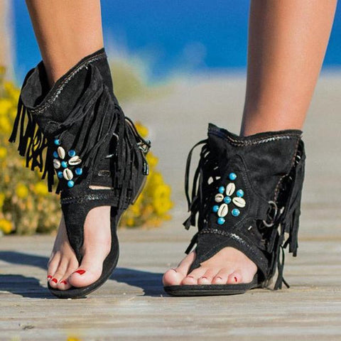 Women Retro Clip Toe Sandals Ladies Gladiator Vintage Boots Casual Tassel Rome Summer Beach Woman Shoes Female New