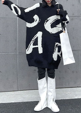 Elegante vestido de suéter de punto con estampado y capucha negra para primavera 