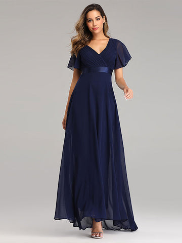 Chiffon-Ballkleider V-Ausschnitt Kurze Ärmel Halbformelles Maxikleid 