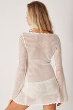 Solid Sexy V Neck Tie Knit Hollow Blouse