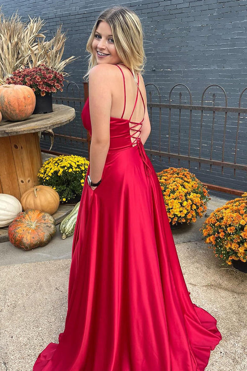 A-Line Satin Spaghetti Straps Prom Dress with Slit