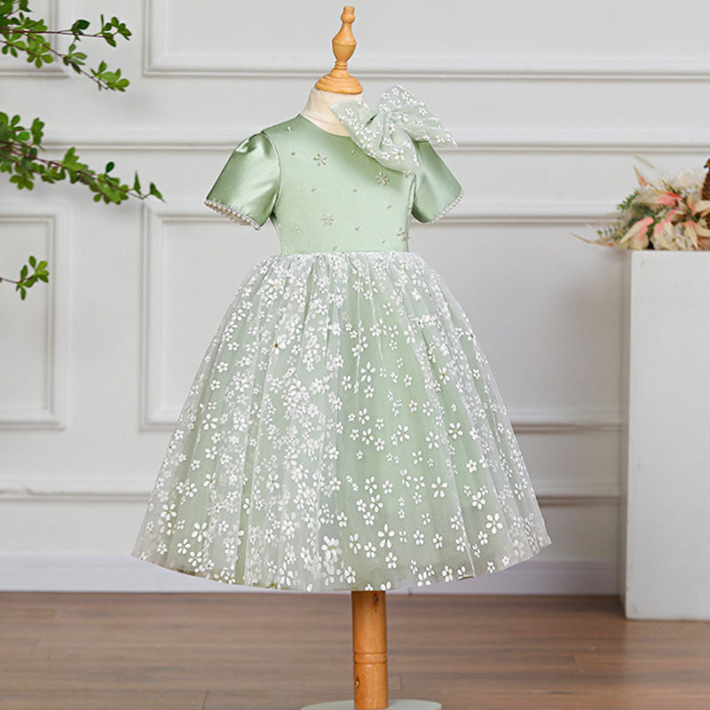 Vestido de fiesta para niña pequeña con estampado de lazo de malla y lazo para fiesta de cumpleaños y comunión 