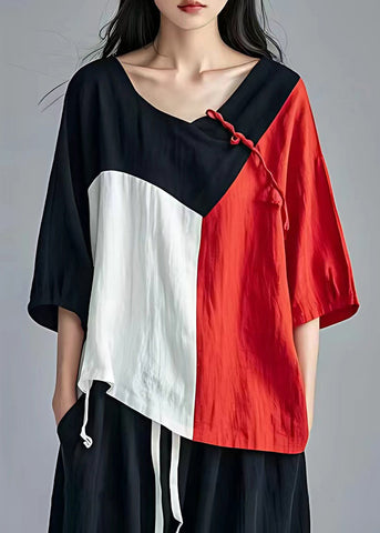 Neu Schwarzes asymmetrisches Patchwork-Baumwolltop mit Armbandärmeln 