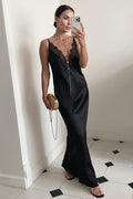 Chic Silk Satin Lace Trim Deep V Bodycon Mermaid Maxi Dress