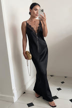 Chic Silk Satin Lace Trim Deep V Bodycon Mermaid Maxi Dress