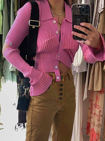 Taruxy Pink Single Breasted Sweater Women Knitted Cardigan 2022 Autumn Long Sleeve Slim High Street Pullvers Mujer Y2K Tops