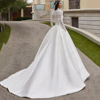 Vestidos de novia de encaje satinado con apliques y mangas largas, vestidos de novia de princesa hechos a medida 