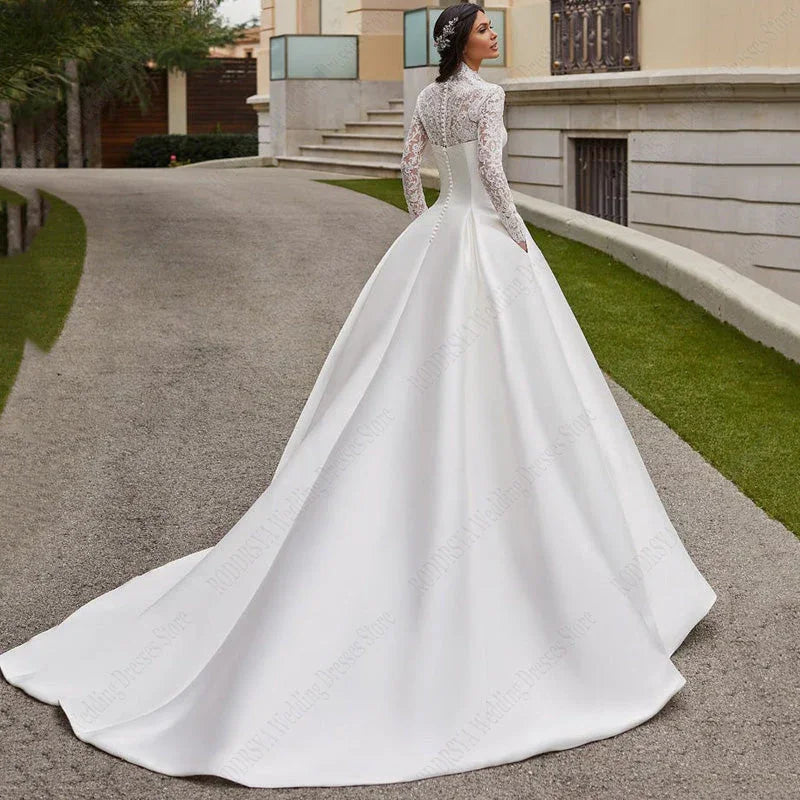 Vestidos de novia de encaje satinado con apliques y mangas largas, vestidos de novia de princesa hechos a medida 