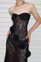 Sheer Lace Strapless 3D Floral Train Maxi Dress
