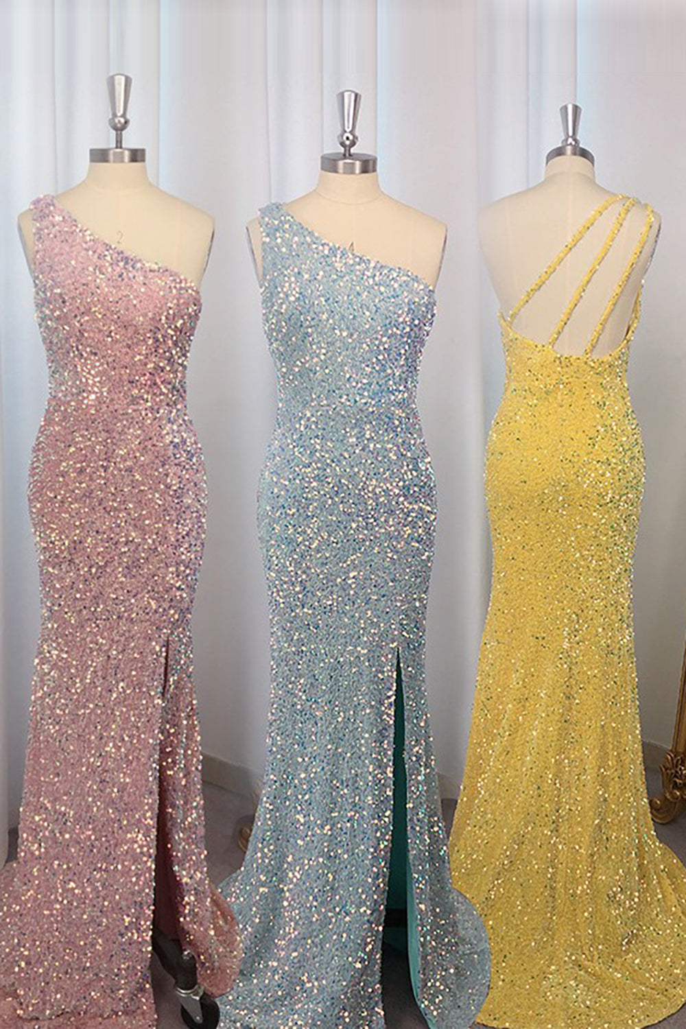 Meerjungfrauen-Abendkleid mit One-Shoulder-Schnitt, rosa, Pailletten