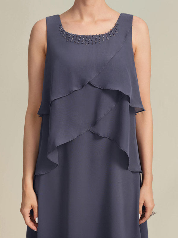 A-Linien-Chiffonkleid mit Rundhalsausschnitt und Perlenstickerei, knielang, für die Mutter der Braut