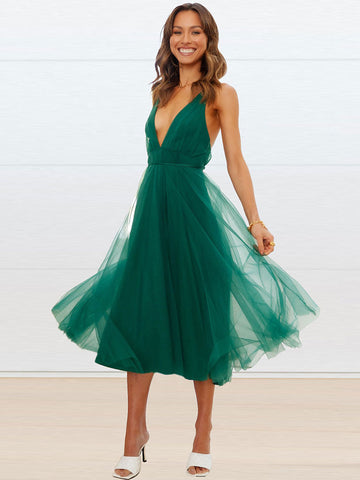 Vestido midi sin mangas con escote en V profundo de tul para fiesta de cumpleaños 