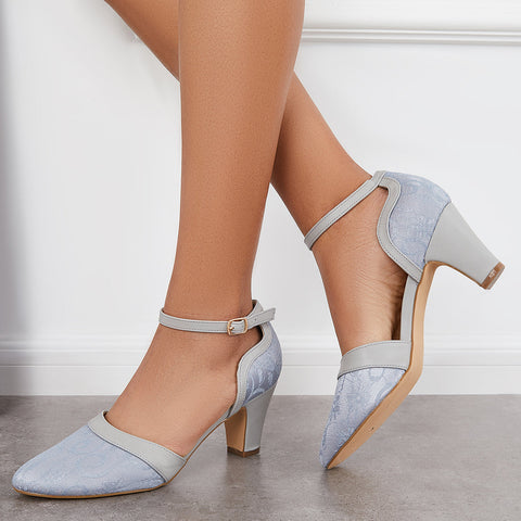 Closed Toe Block Heel Lace Satin Pumps Ankle Strap Wedding Shoes