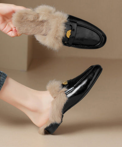 Mocasines con forro de lana afelpada de piel de vaca marrón 