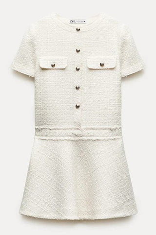 1960er London Girl Tweed Strukturiertes Minikleid mit goldenen Knöpfen und kurzen Ärmeln und Taschen