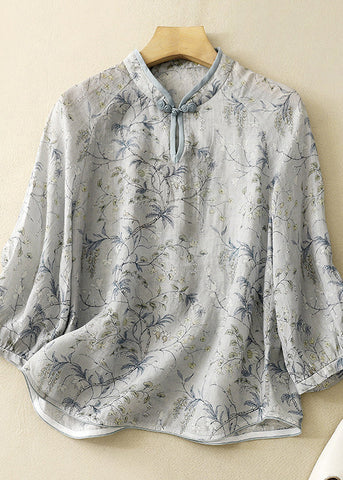 Bio-Baumwoll-Top mit Stehkragen und Armbandärmeln in Blau 