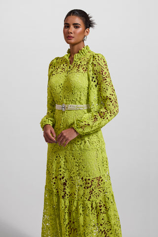 Vestido midi de manga larga con bordado de encaje verde 