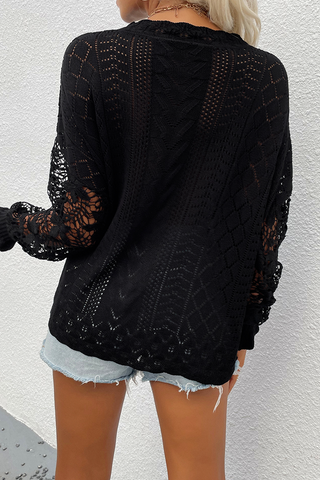 Casual Solid Lace Hollowed Out O Neck Tops Sweater(4 Colors)