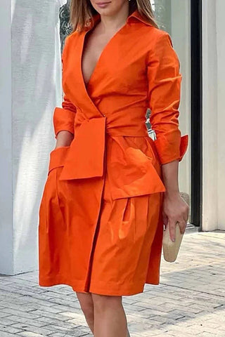 Solid Lace Up V Tie Pocket Office Midi Dress