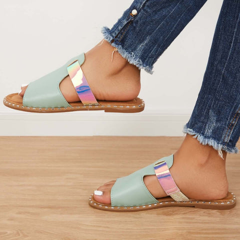 Bunte, offene Zehenpartie zum Hineinschlüpfen, flache Hausschuhe, Slide-Sandalen 
