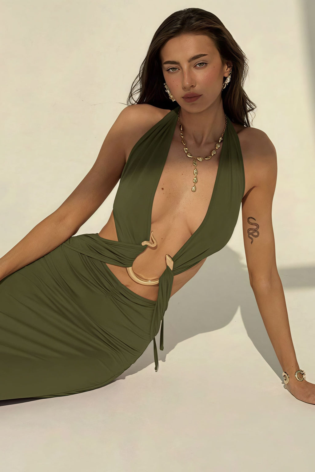 Sexy Halter Deep V Neck Backless Metal Maxi Dress