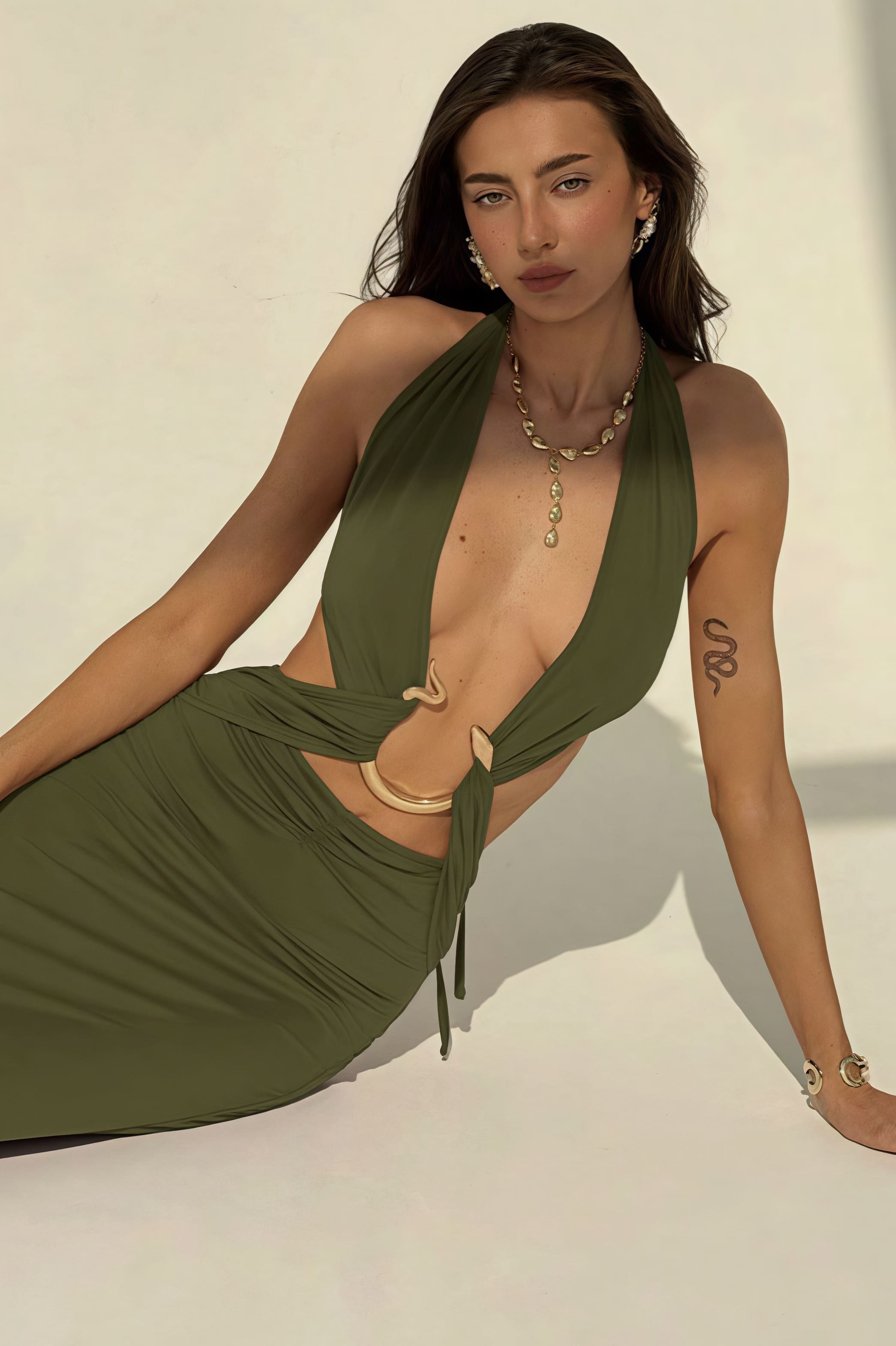 Sexy Halter Deep V Neck Backless Metal Maxi Dress